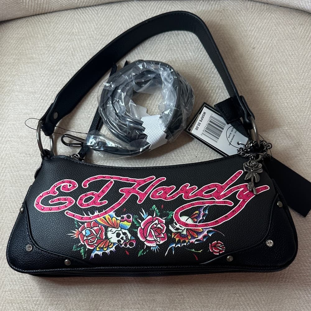 ⭐ Ed Hardy Embroidered Floral Skull Crossbody Shoulder Bag NWT - Thumbnail 6