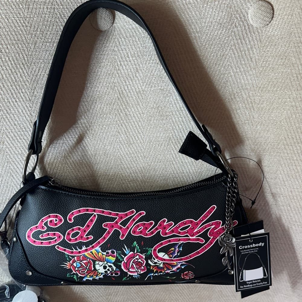 ⭐ Ed Hardy Embroidered Floral Skull Crossbody Shoulder Bag NWT - Thumbnail 9