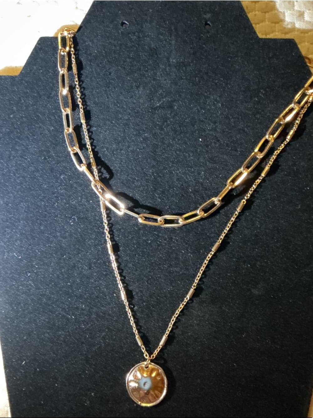Layered Gold Chain Necklace Coin Pendant Paperclip Chain - Thumbnail 5