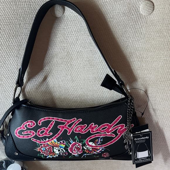 ⭐ Ed Hardy Embroidered Floral Skull Crossbody Shoulder Bag NWT - Thumbnail 10