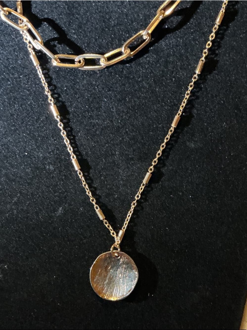 Layered Gold Chain Necklace Coin Pendant Paperclip Chain - Thumbnail 2