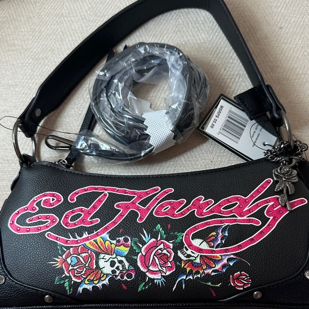 ⭐ Ed Hardy Embroidered Floral Skull Crossbody Shoulder Bag NWT - Thumbnail 7