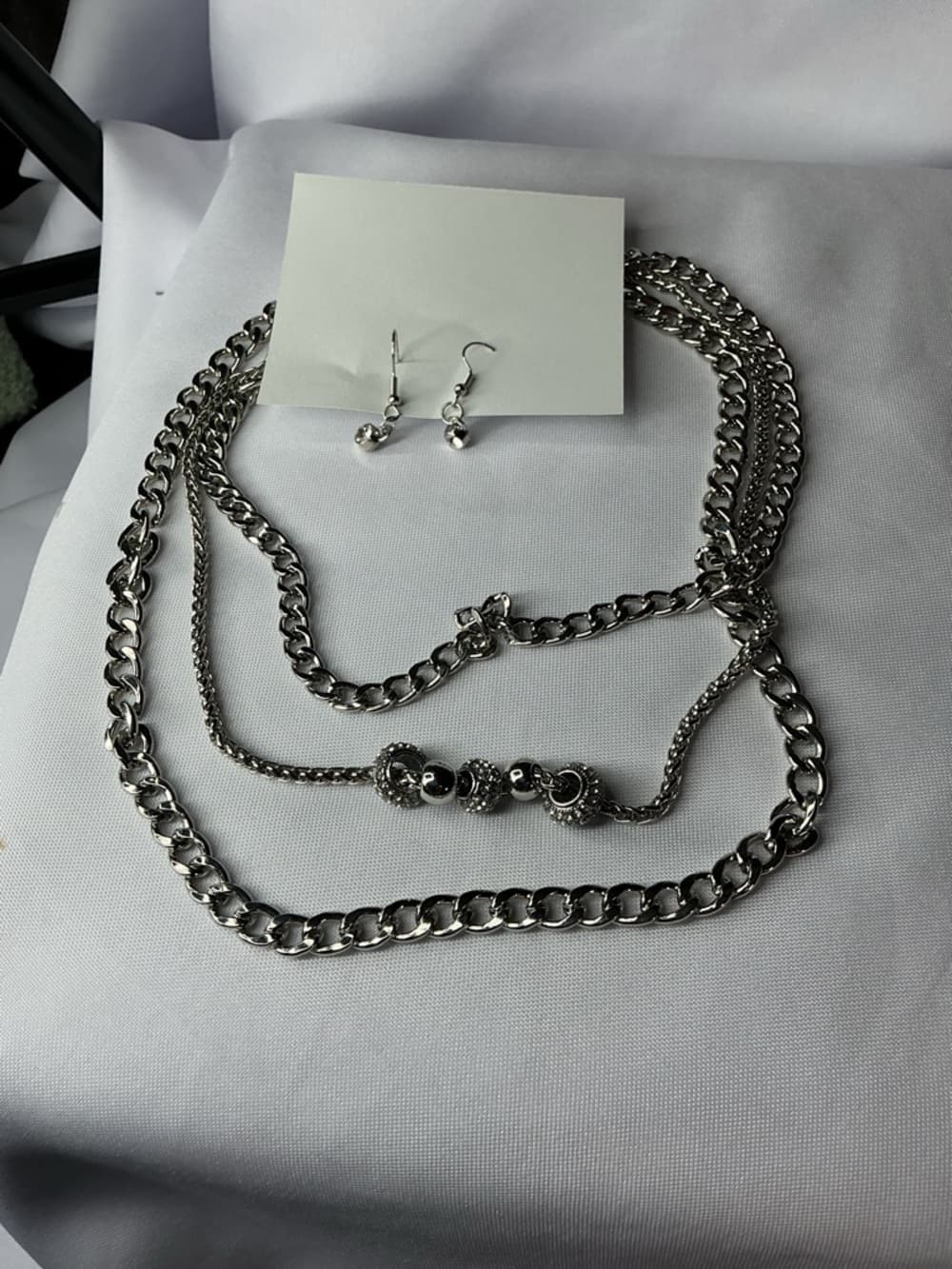 Layered Silver Tone Chain Necklace & Rhinestone Drop Earrings Set