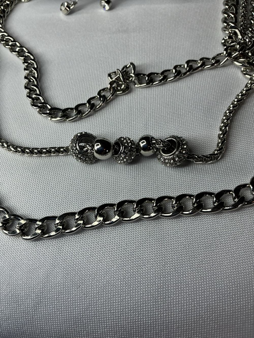 Layered Silver Tone Chain Necklace & Rhinestone Drop Earrings Set - Thumbnail 3