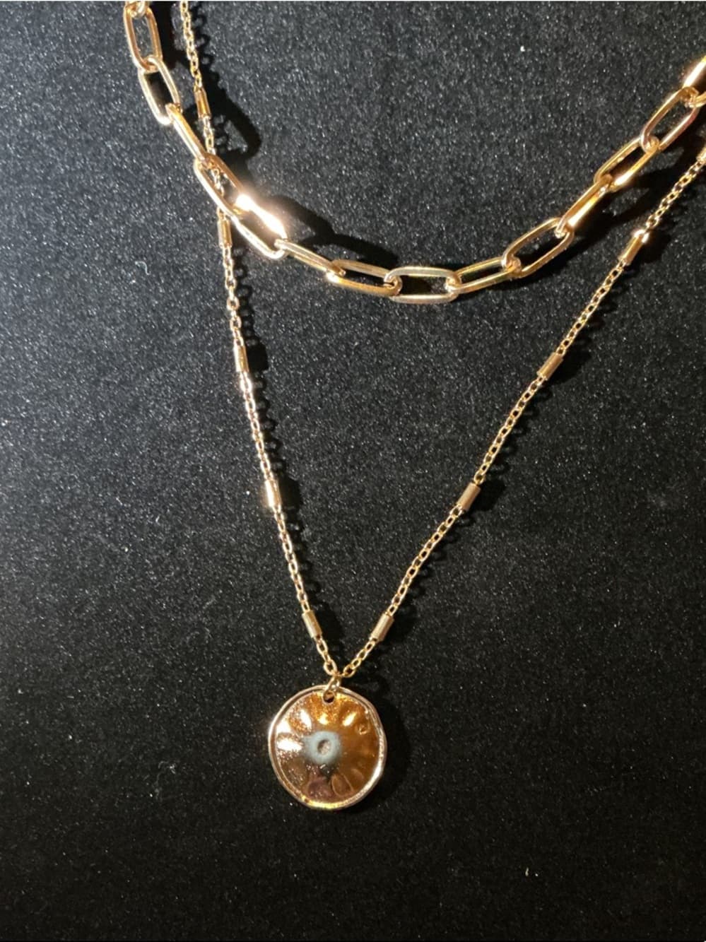 Layered Gold Chain Necklace Coin Pendant Paperclip Chain