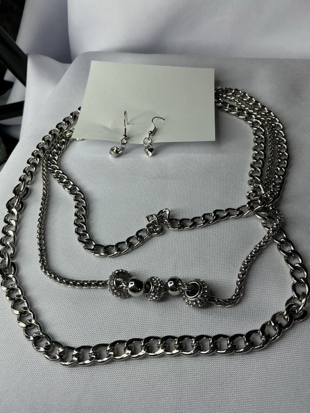 Layered Silver Tone Chain Necklace & Rhinestone Drop Earrings Set - Thumbnail 4