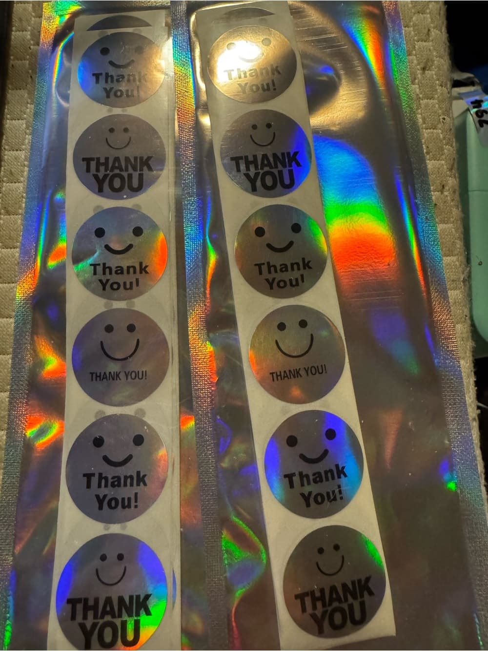 ⭐ 60 Holographic Thank You Stickers Smiley Face Business Packaging Labels
