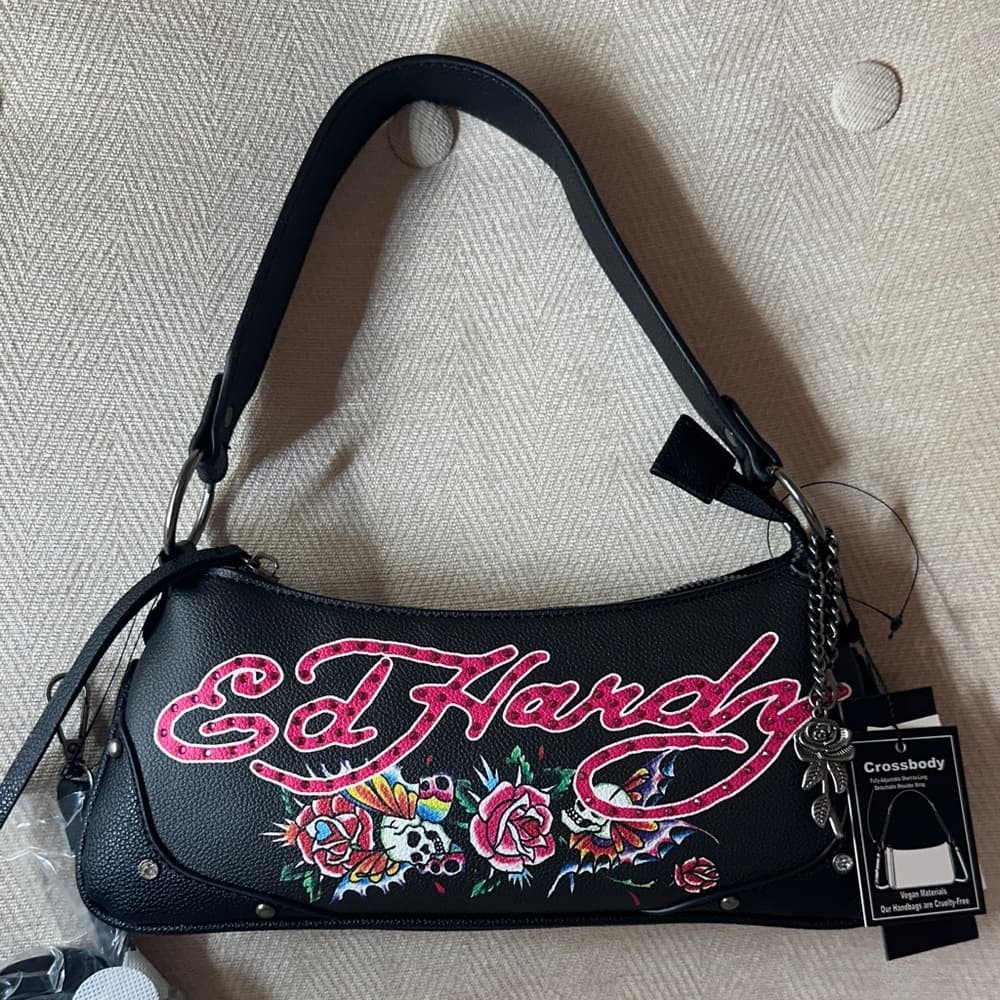 ⭐ Ed Hardy Embroidered Floral Skull Crossbody Shoulder Bag NWT - Thumbnail 2