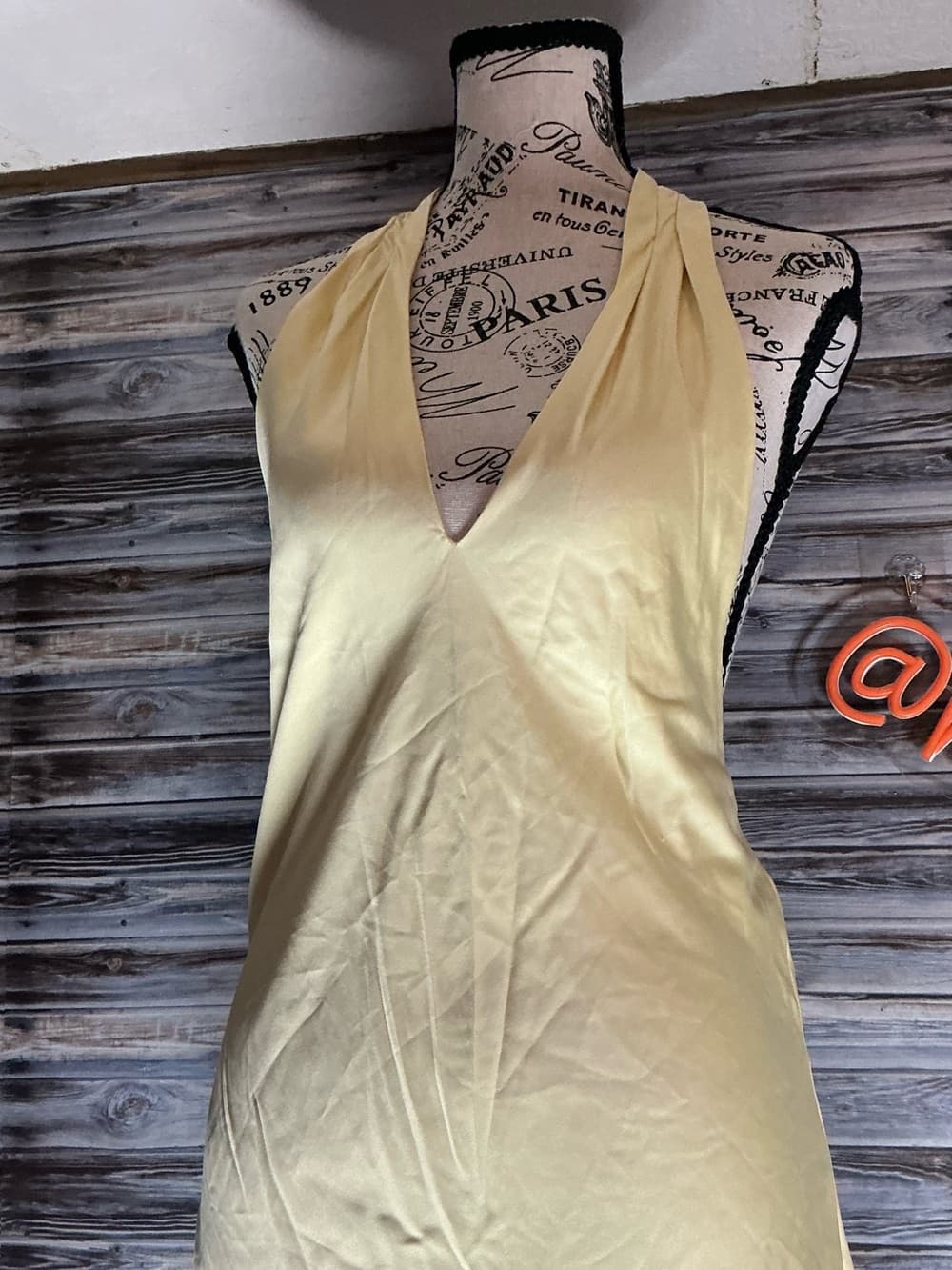 ⭐ Yellow Satin Halter Mini Dress Open Back Slip XS Soft Silky - Thumbnail 2