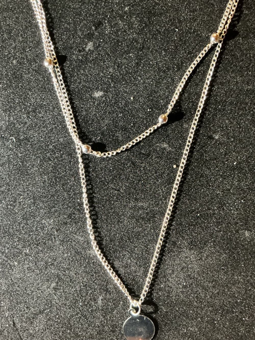 Silver Layered Necklace Disc Pendant Minimalist Double Chain