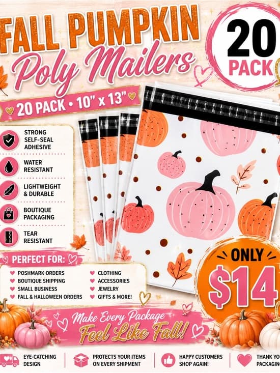 ★ 20 Pink Pumpkin Poly Mailers 10x13 Fall Boutique Shipping Bags - Thumbnail 2