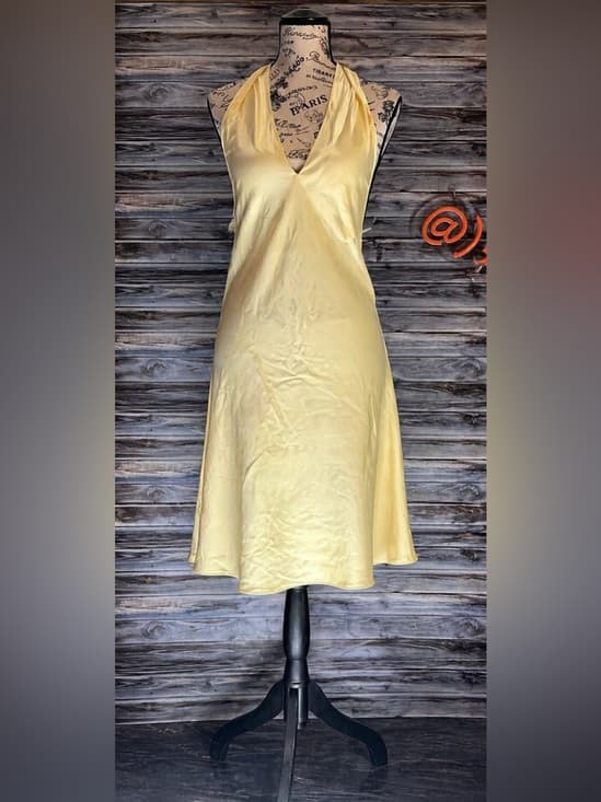 ⭐ Yellow Satin Halter Mini Dress Open Back Slip XS Soft Silky - Thumbnail 7