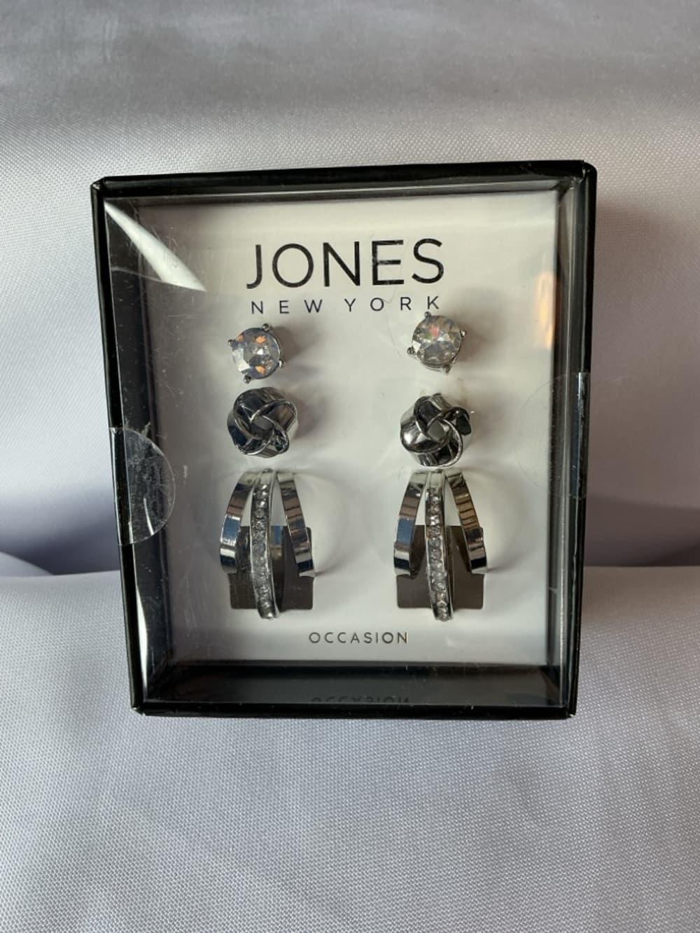 Jones New York 3 Pair Earring Set Silver Tone Rhinestone Stud Hoop - Thumbnail 4