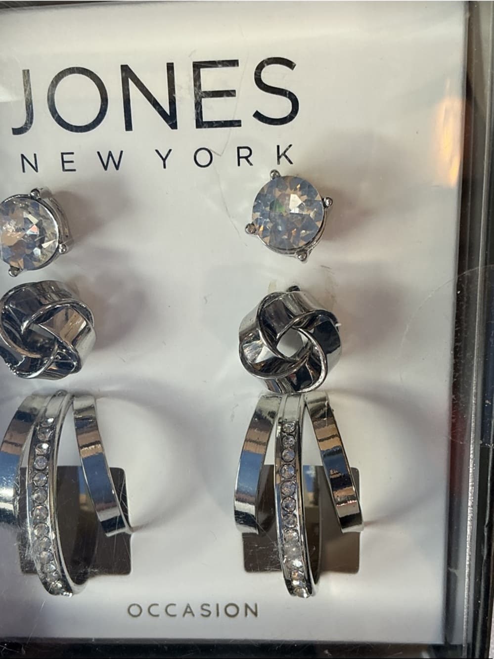 Jones New York 3 Pair Earring Set Silver Tone Rhinestone Stud Hoop