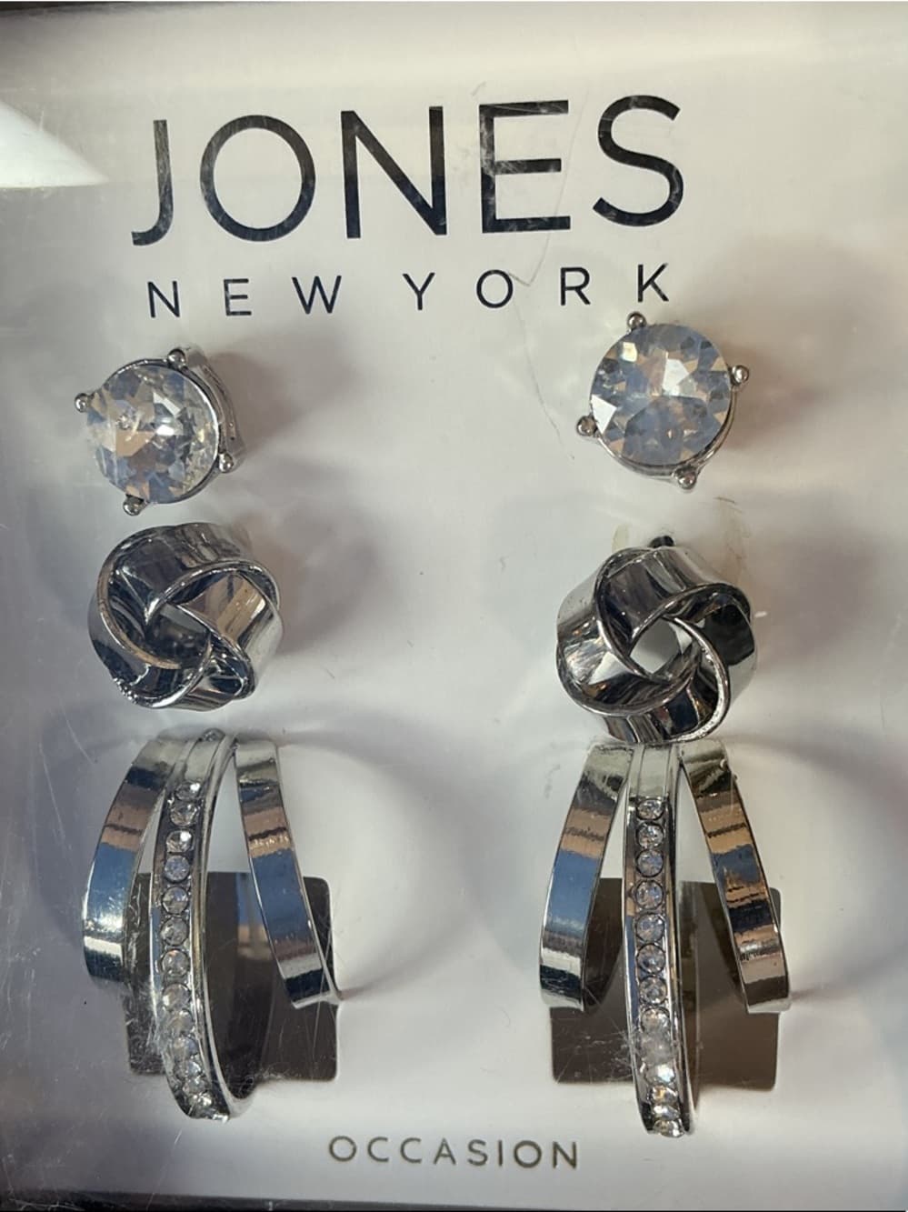 Jones New York 3 Pair Earring Set Silver Tone Rhinestone Stud Hoop - Thumbnail 3