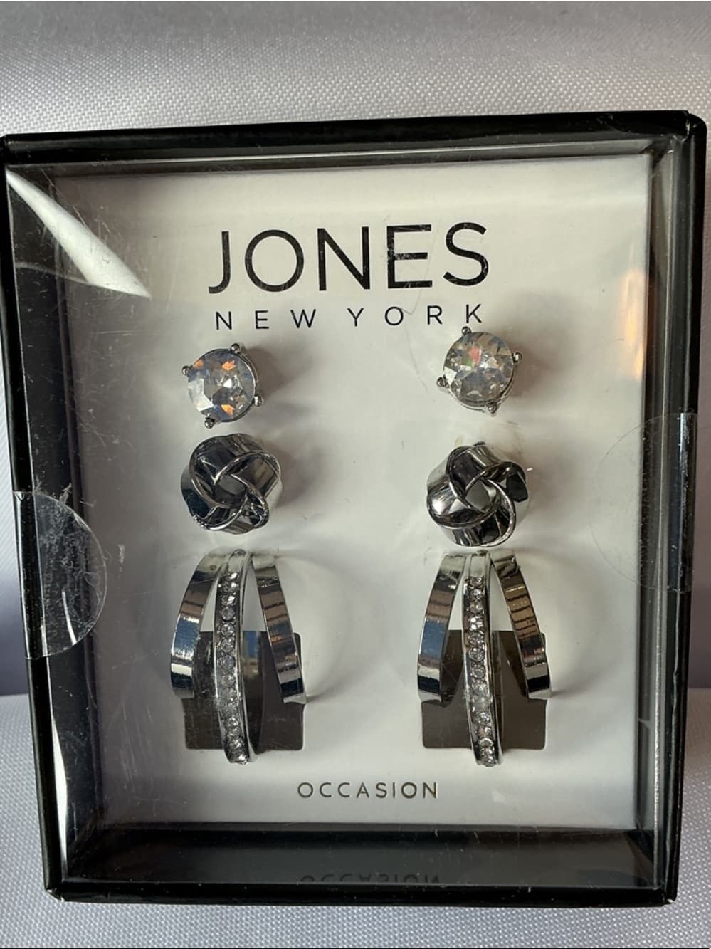 Jones New York 3 Pair Earring Set Silver Tone Rhinestone Stud Hoop - Thumbnail 2