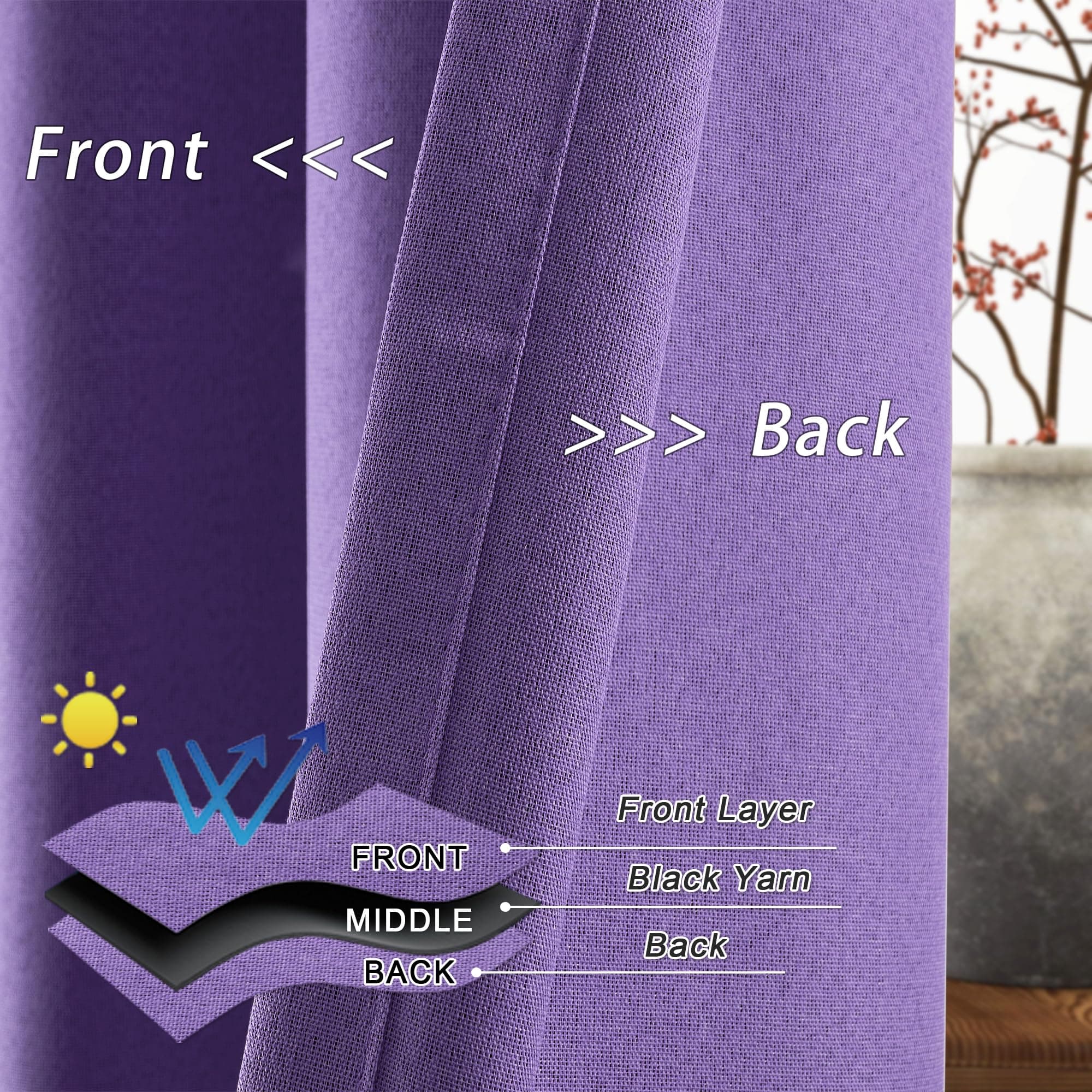 LCOOMZEN 95 Inch Blackout Purple Curtains Faux Linen Thermal Noise Reduction Win - Thumbnail 4