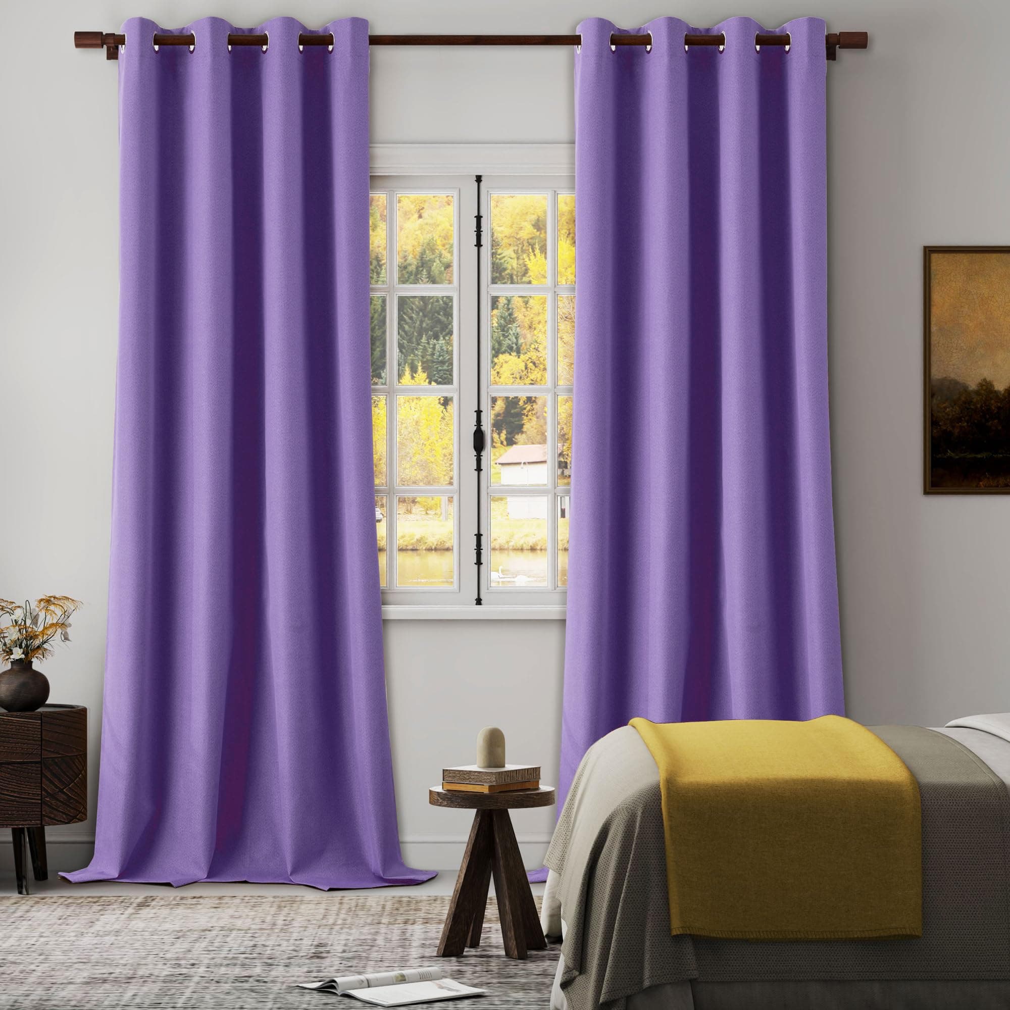 LCOOMZEN 95 Inch Blackout Purple Curtains Faux Linen Thermal Noise Reduction Win - Thumbnail 2