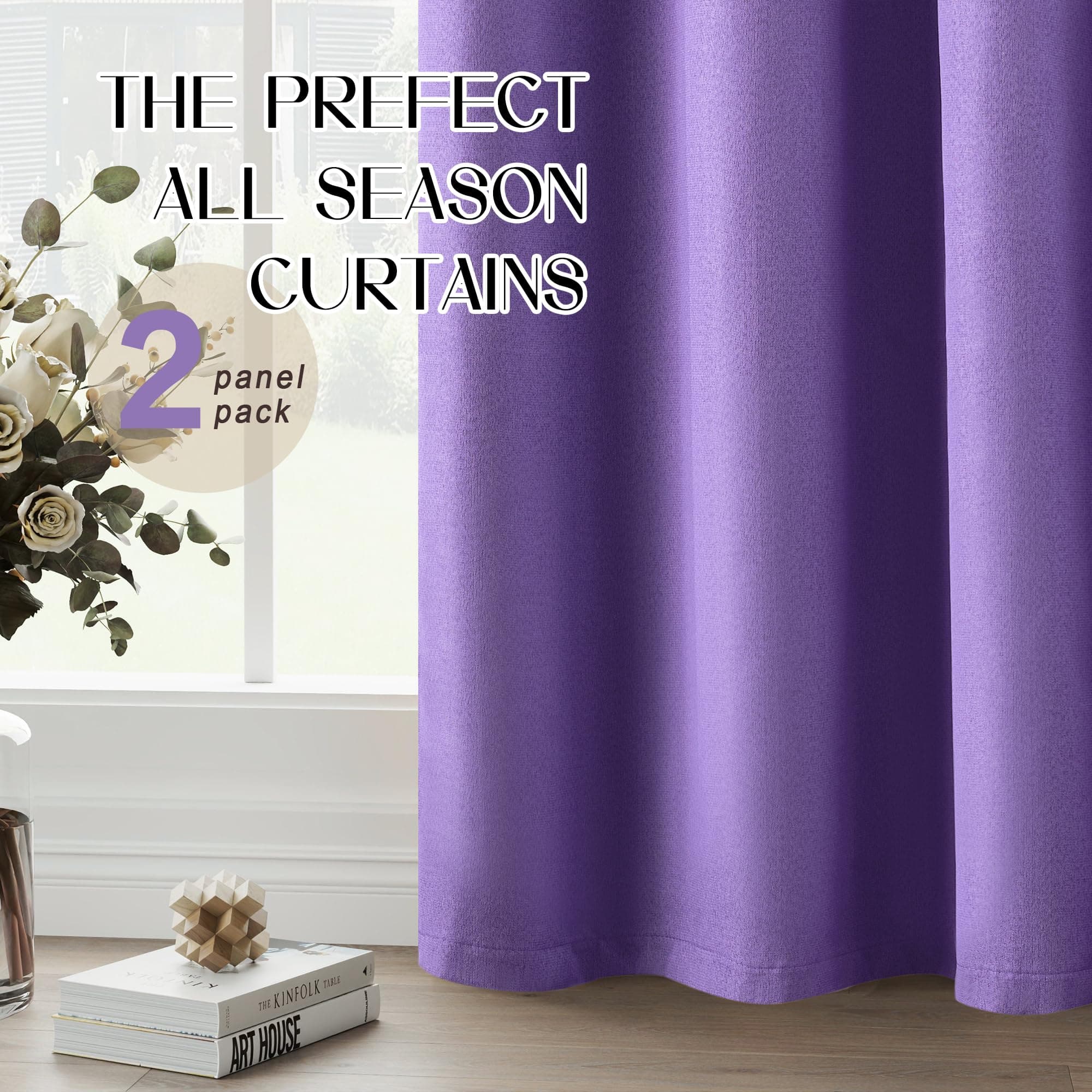 LCOOMZEN 95 Inch Blackout Purple Curtains Faux Linen Thermal Noise Reduction Win - Thumbnail 8