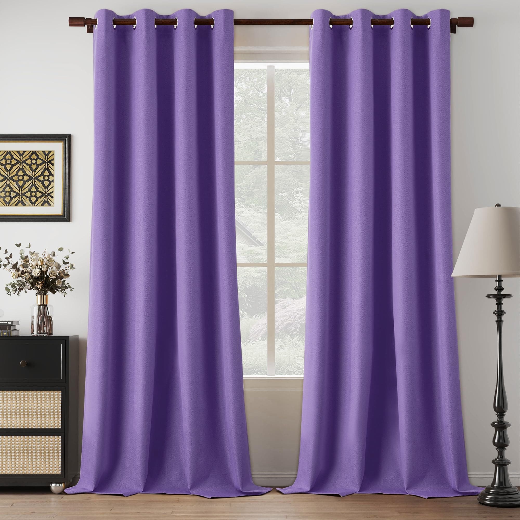 LCOOMZEN 95 Inch Blackout Purple Curtains Faux Linen Thermal Noise Reduction Win
