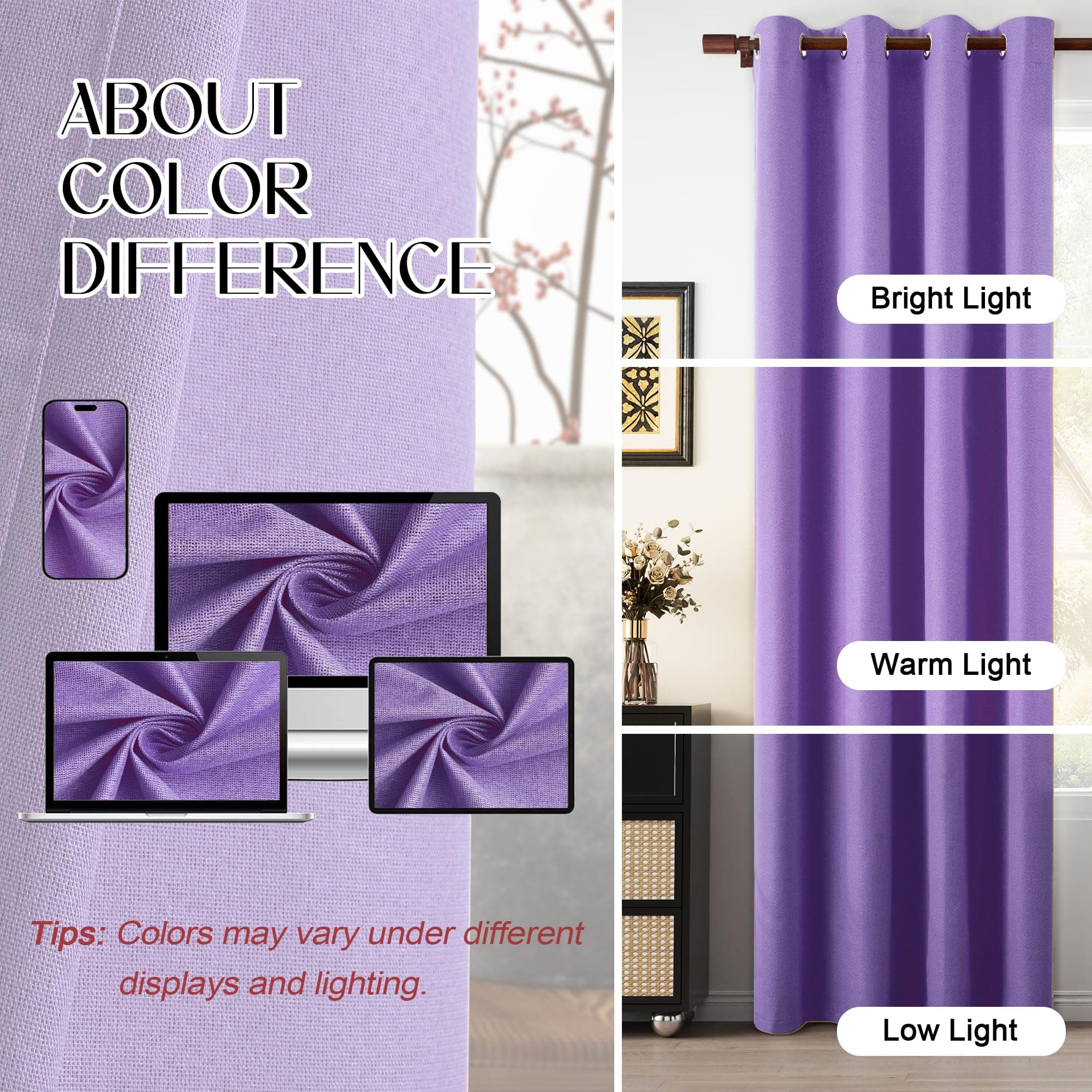 LCOOMZEN 95 Inch Blackout Purple Curtains Faux Linen Thermal Noise Reduction Win - Thumbnail 7