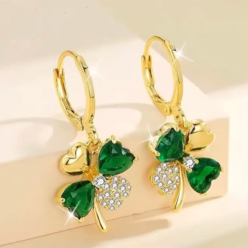 ⭐ Green Crystal Clover Hoop Earrings Gold Tone Rhinestone Dangle - Thumbnail 4