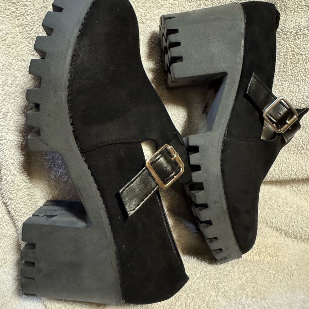 Black Suede Platform Mary Jane Shoes with Chunky Sole - Thumbnail 10