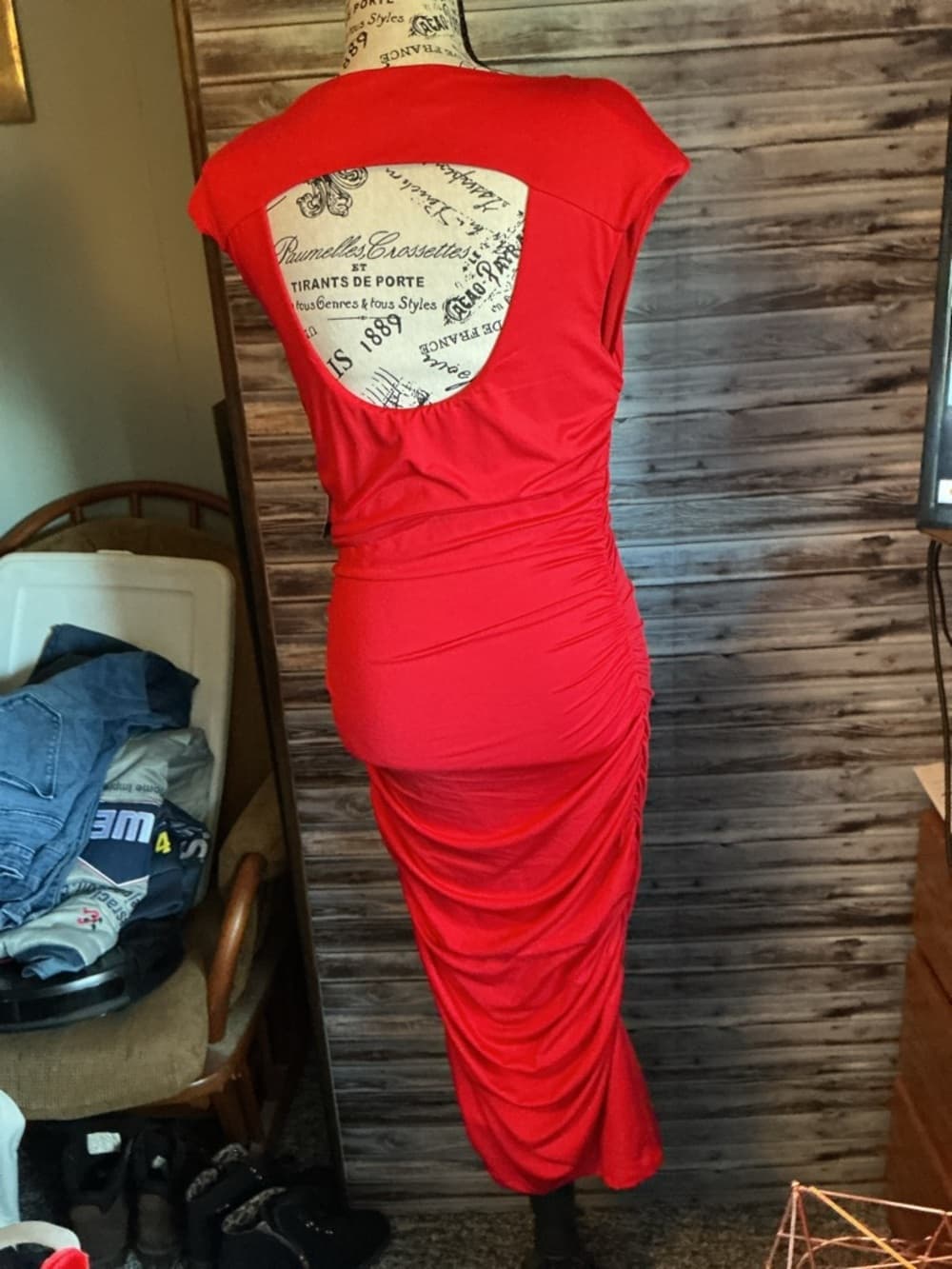★ Red Ruched Bodycon Midi Dress Cap Sleeve Stretch Cocktail Party