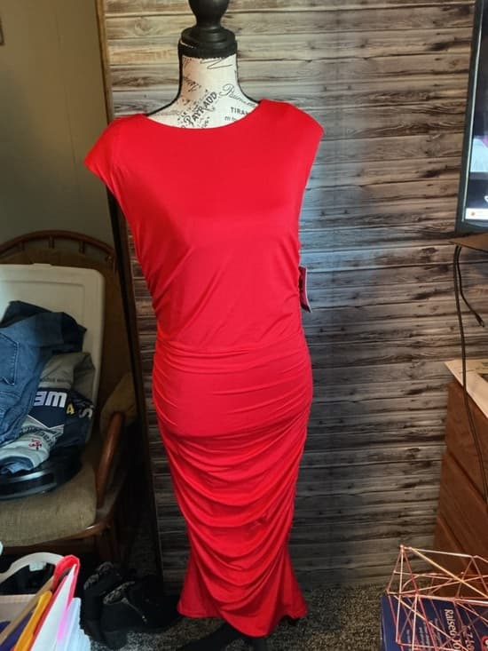 ★ Red Ruched Bodycon Midi Dress Cap Sleeve Stretch Cocktail Party - Thumbnail 3