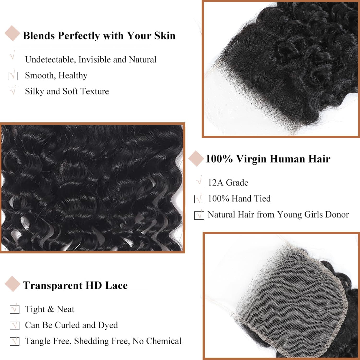 5x5 Deep Wave Lace Closure 100% Human Hair HD Transparent Invisible Lace Closure - Thumbnail 3