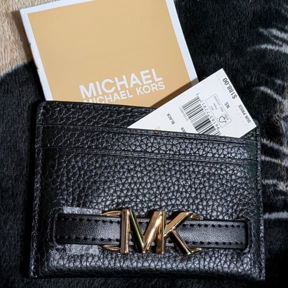 ★ Michael Kors Black Pebbled Leather Wallet Gold MK Logo NWT - Thumbnail 3