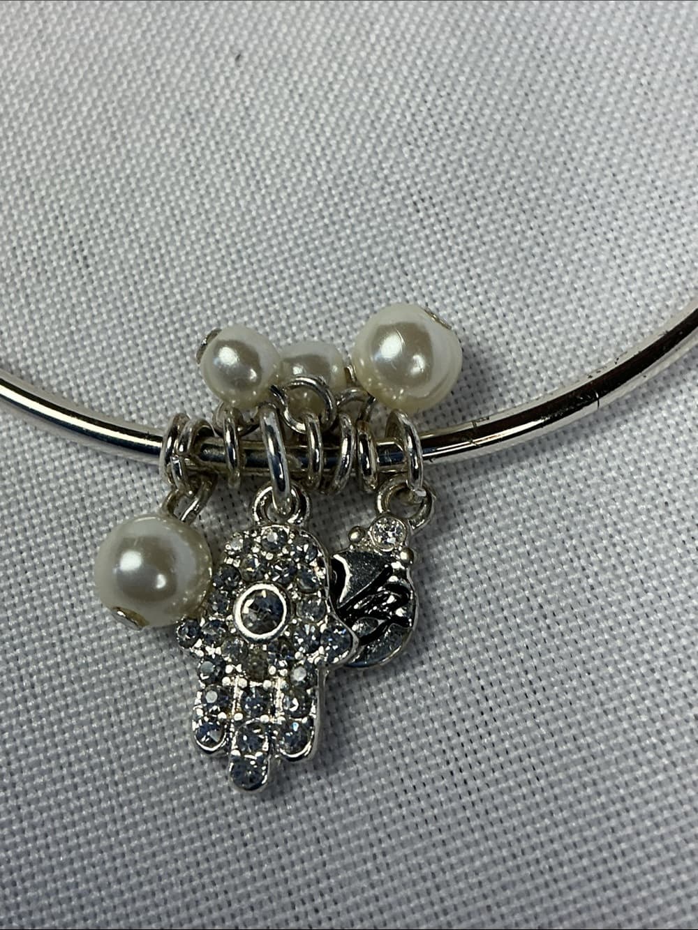 ★Silver Hamsa Pearl Charm Bracelet Evil Eye Boho Chic Cuff