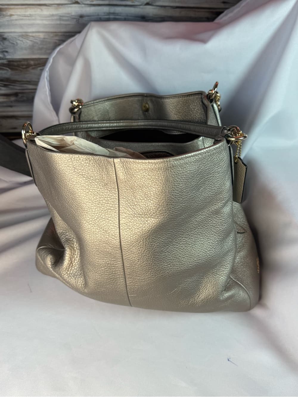 ★ Coach Metallic Champagne Pebble Leather Satchel Shoulder Bag - Thumbnail 14