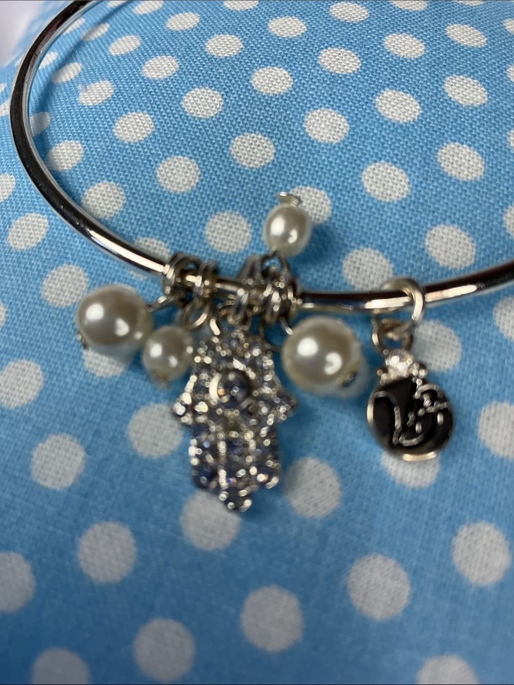 ★Silver Hamsa Pearl Charm Bracelet Evil Eye Boho Chic Cuff - Thumbnail 2