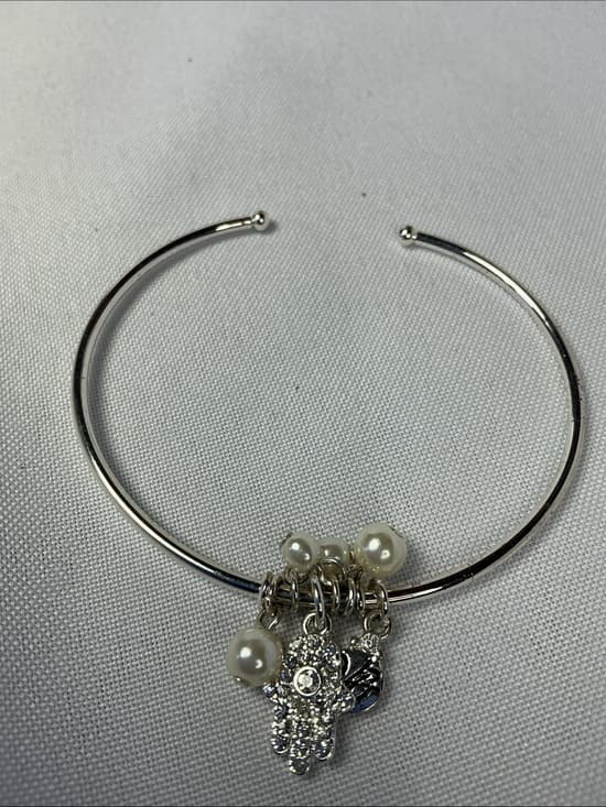 ★Silver Hamsa Pearl Charm Bracelet Evil Eye Boho Chic Cuff - Thumbnail 5