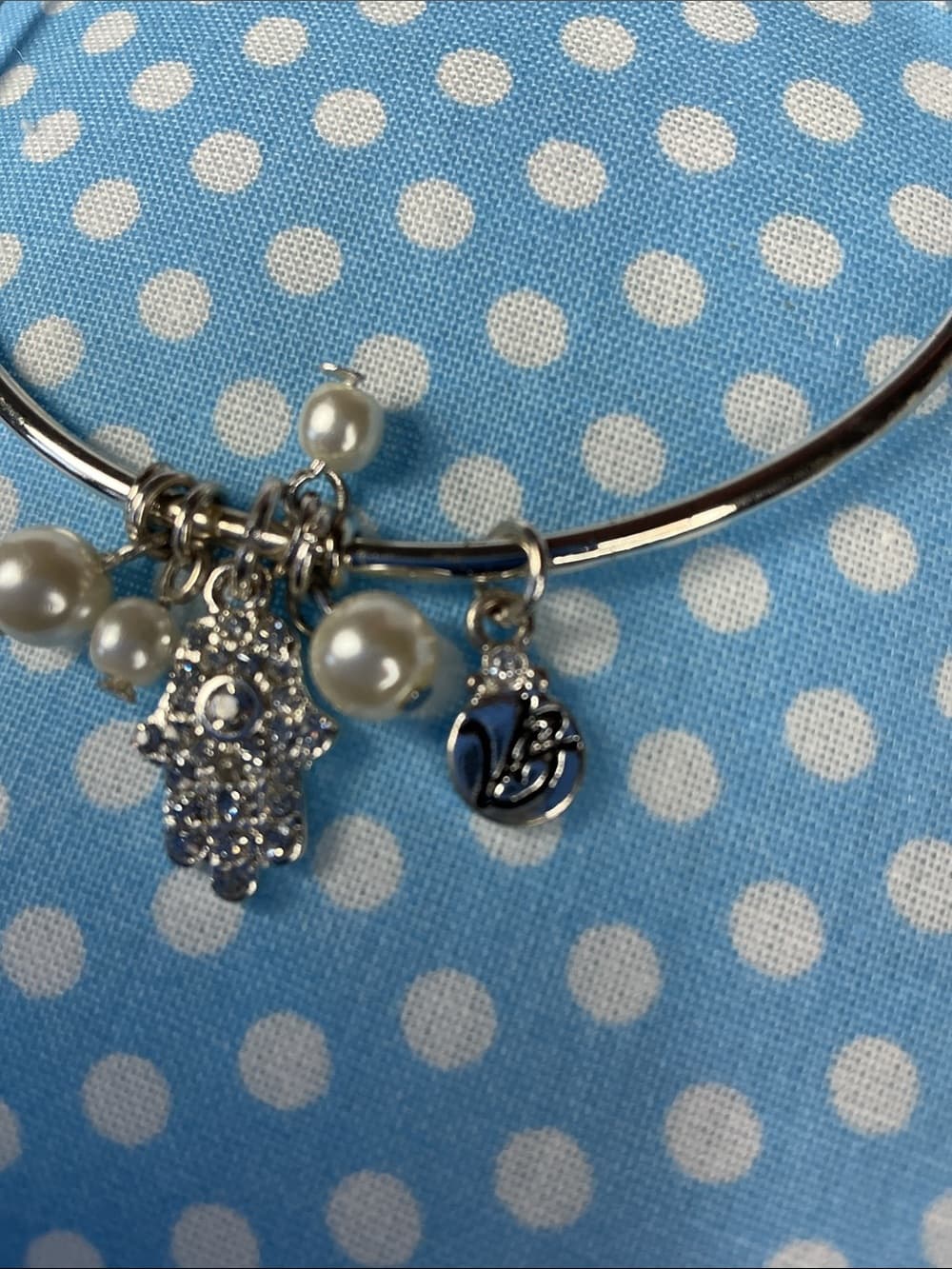 ★Silver Hamsa Pearl Charm Bracelet Evil Eye Boho Chic Cuff - Thumbnail 3