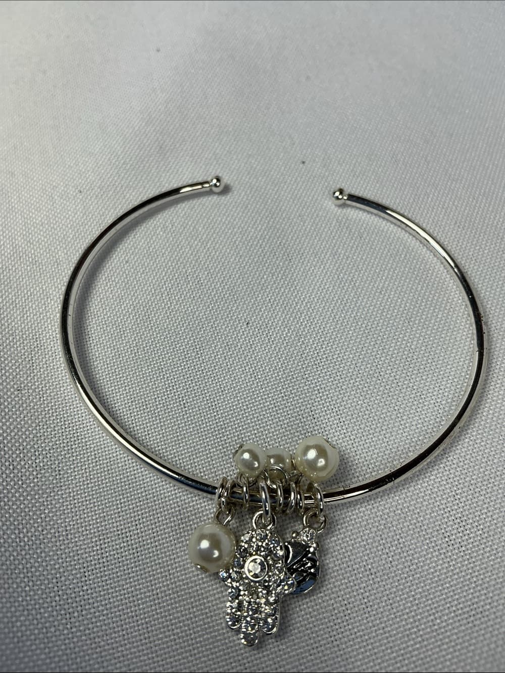 ★Silver Hamsa Pearl Charm Bracelet Evil Eye Boho Chic Cuff - Thumbnail 4