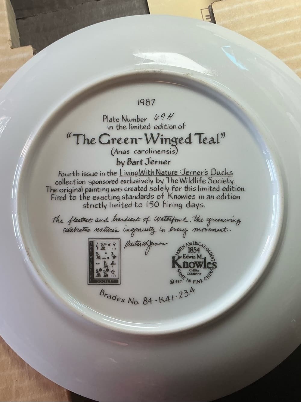 Knowles White Collector Plate "The Green-Winged Teal"