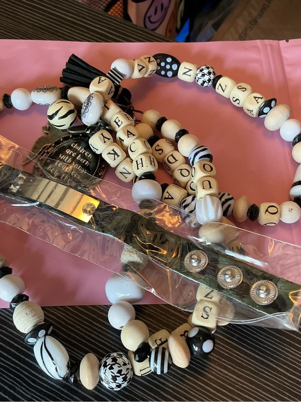 ★ Black White Beaded Necklace Bracelet Cowhide Cuff Boho Set - Thumbnail 2
