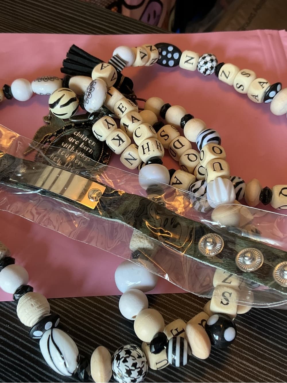 ★ Black White Beaded Necklace Bracelet Cowhide Cuff Boho Set - Thumbnail 3