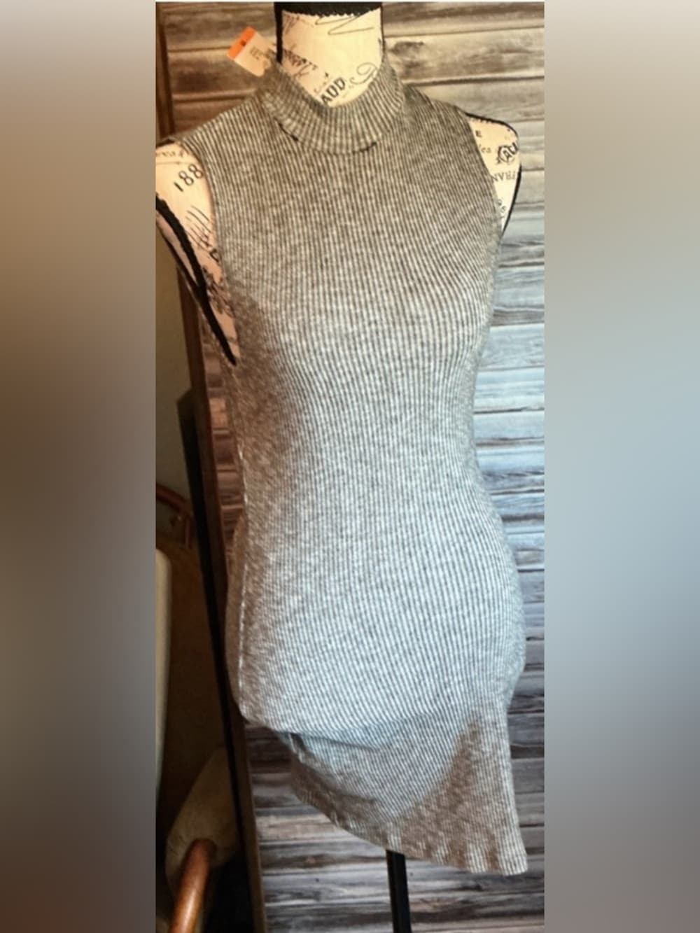 ★ Gray Ribbed Mock Neck Bodycon Midi Dress Sleeveless Stretch Chic - Thumbnail 2