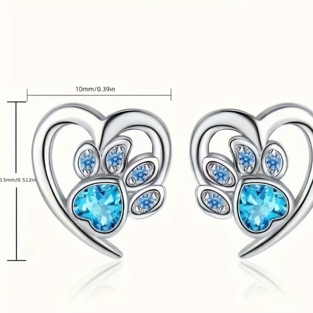 ⭐ Teal Crystal Paw Print Heart Stud Earrings Silver Tone Pet Lover - Thumbnail 4