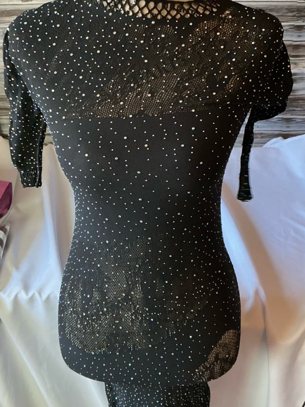 ★ Black Rhinestone Mesh Open Back Bodycon Dress Cover Up Clubwear
