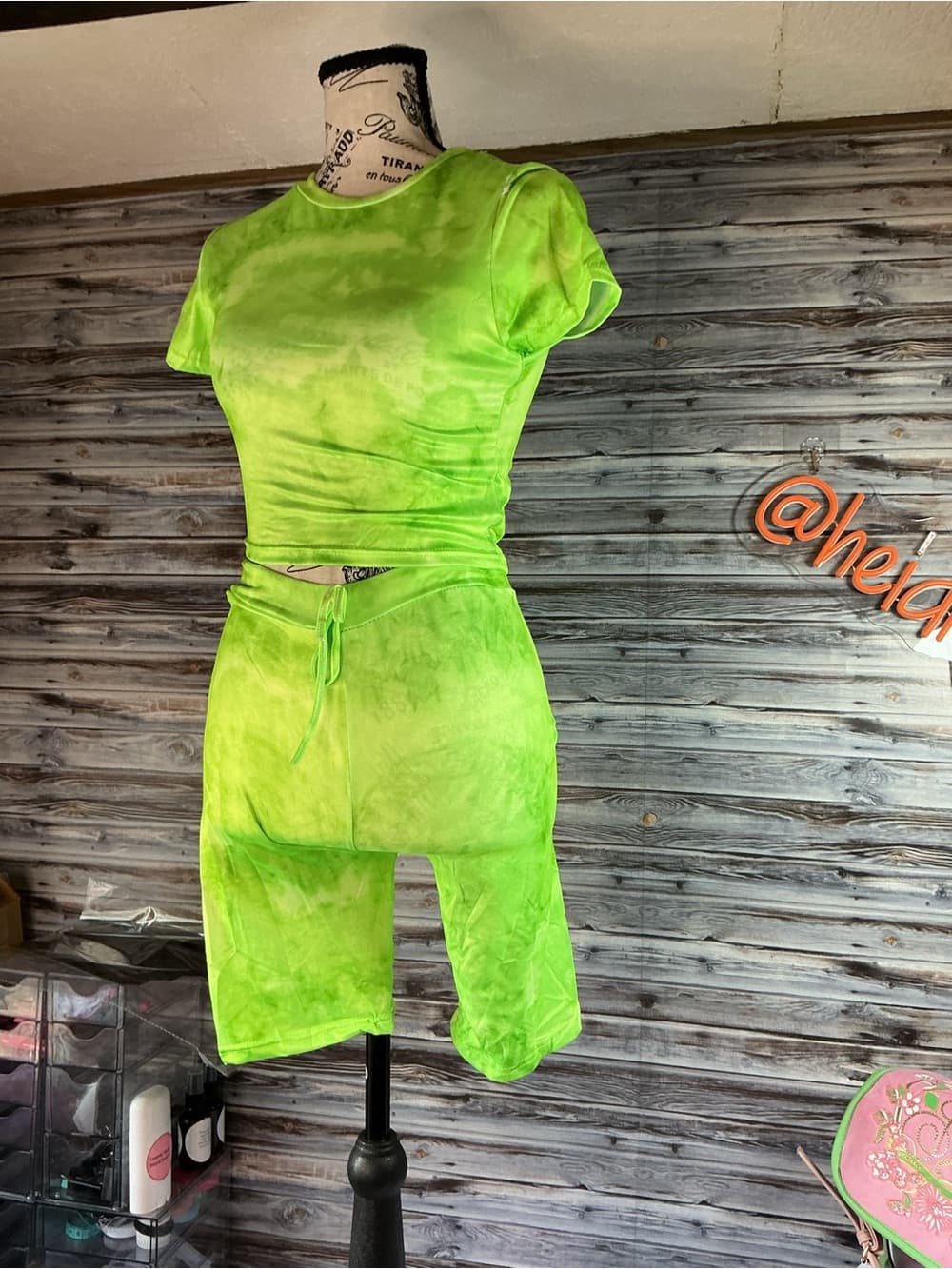 ⭐ Neon Lime Tie Dye Biker Short Set Two Piece Lounge Outfit - Thumbnail 7
