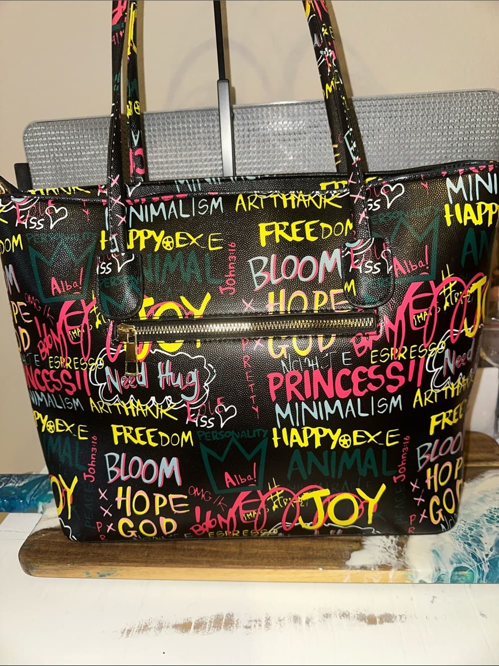 ★ ALBA Graffiti Print Tote Bag Black Multicolor Shoulder Handbag Purse
