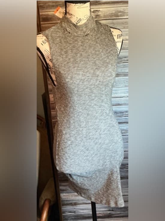 ★ Gray Ribbed Mock Neck Bodycon Midi Dress Sleeveless Stretch Chic - Thumbnail 3