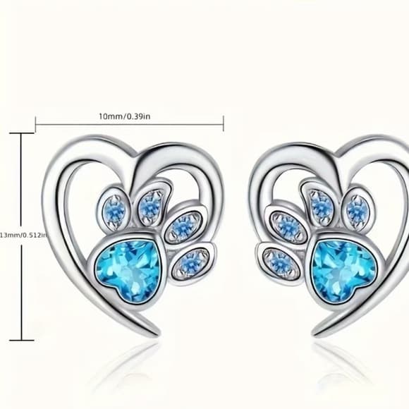 ⭐ Teal Crystal Paw Print Heart Stud Earrings Silver Tone Pet Lover - Thumbnail 5
