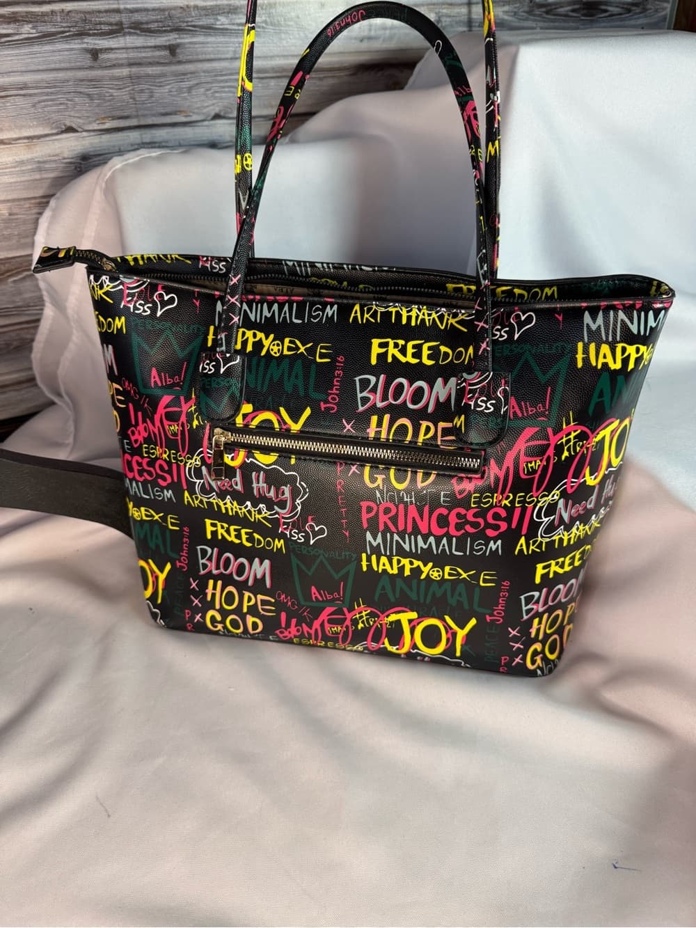 ★ ALBA Graffiti Print Tote Bag Black Multicolor Shoulder Handbag Purse - Thumbnail 4