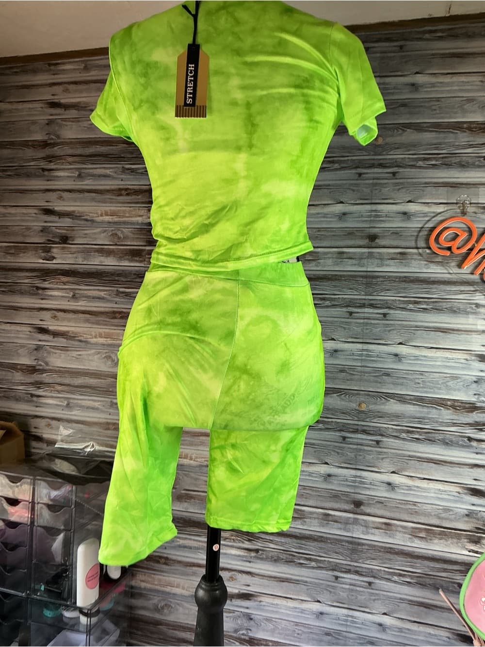 ⭐ Neon Lime Tie Dye Biker Short Set Two Piece Lounge Outfit - Thumbnail 3