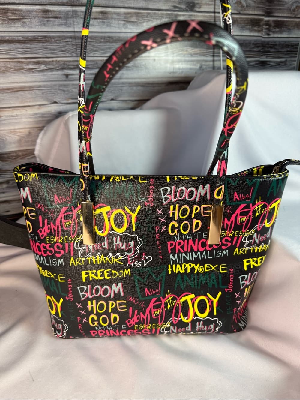 ★ ALBA Graffiti Print Tote Bag Black Multicolor Shoulder Handbag Purse - Thumbnail 3